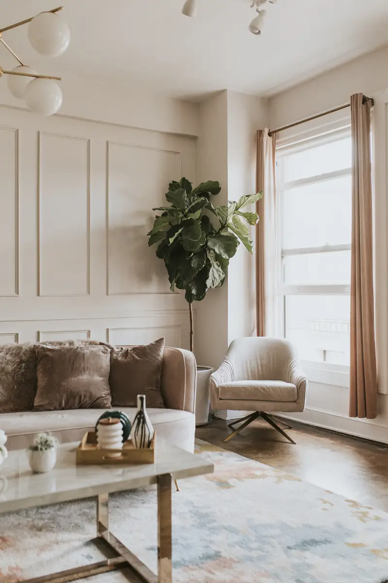 Staged living room with a blush velvet sofa, fiddle leaf fig and a marble and brass coffee table beside a bright window
